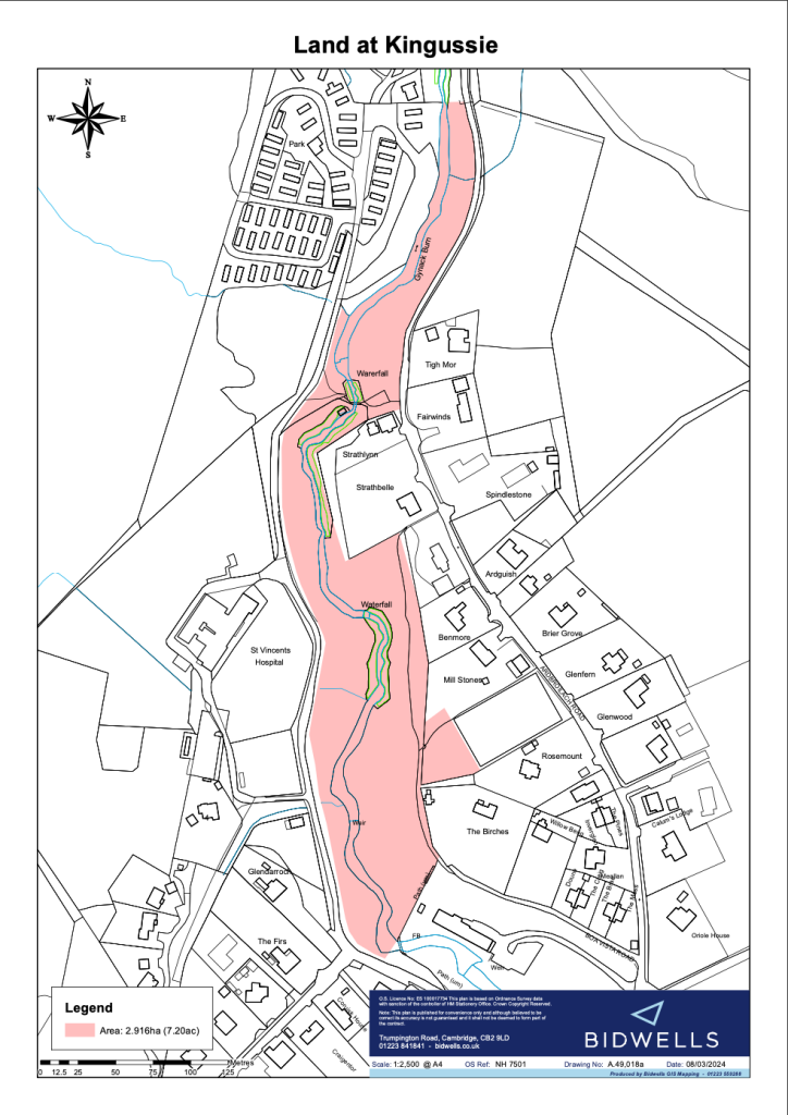 Map showing the extend of the community woodland in Kingussie shaded pink